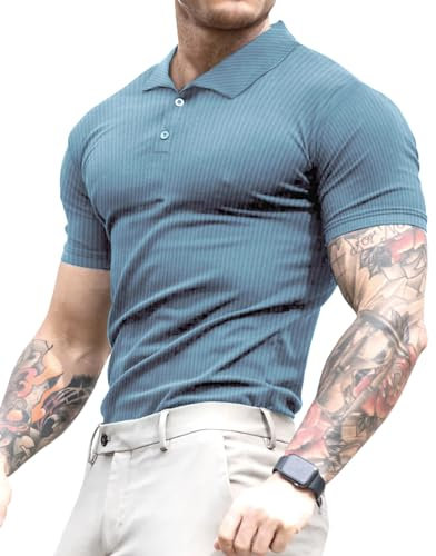Lehmanlin Men's Muscle Polo Shirts Short Sleeve Casual T- Shirts Slim Fit Stretch Ribbed Golf Tops（Blue/L）