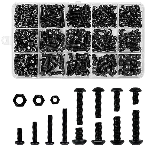 Frevoitna 500 Pièces Vis et écrous et rondelles Noire Tête Hexagonale Assortiment Kit, Boulons ronde tete plate, Boulon d'assemblage Six Pans, mécaniques Acier, M3 M4 M5