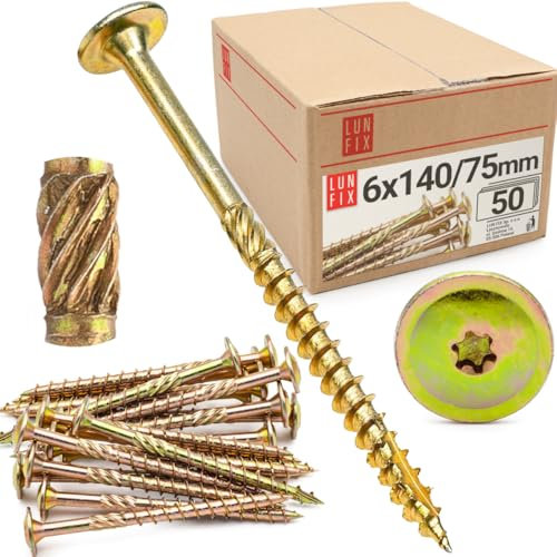Lun Fix Tellerkopfschrauben 6x140 | 50 Stück | TX40 Torx | Tellerkopf mit Fräsrippen | Gelb Verzinkt | Holzschrauben | Terrassenschrauben | Spanplattenschrauben | Selbstschneidende Schrauben