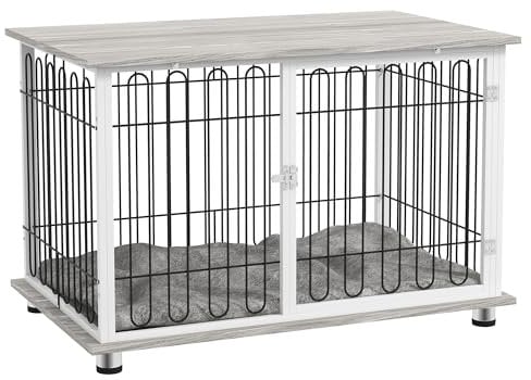 PawHut Dog Crate Furniture, Indoor Dog Kennel Side End Table with Soft Washable Cushion, Lockable Door, for Large Dogs