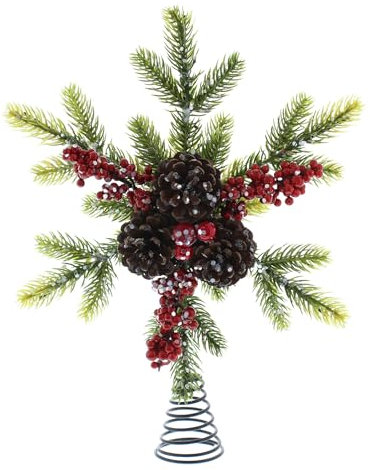 Festive Productions Weihnachtsbaumspitze, rote Beeren und Kiefer, 33 cm, festliche Weihnachtsdekoration