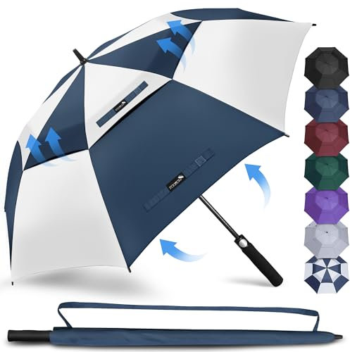 ZOMAKE Regenschirm Gross Sturmfest XXL - Golfschirm Groß Windfest 68inch - Familienregenschirm Groß Sturmfest Mit Tragegurt(Weiß/Blau)