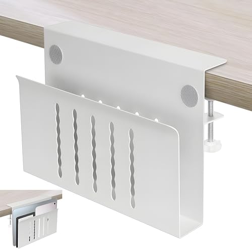 HAQIUHETO Desk Side Storage, Under Steel Hanging Organizer, No Drill Cable Management Tray, Laptop Holder, with Pen Storage for Office and Home White