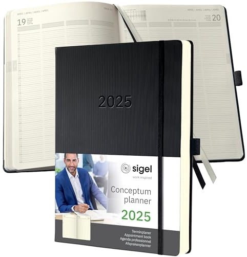 SIGEL C2504 Planungsbuch XXL, Terminkalender 2025, A4+, 1 Tag = 1 Seite, für 4 Personen, schwarz, Hardcover, 480 Seiten, Gummiband, Stiftschlaufe, Archivtasche, aus nachhaltigem Papier, Conceptum