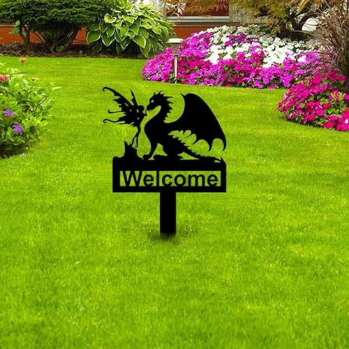 Gartendeko Gartenstecker Gartenschild, Metall Drache Stecker Gartendekoration Willkommensfigur Dekostecker, Garten Dekoration Gartenfigur Metall Deko für Garten, Terrasse Balkon (Black, One Size)