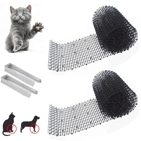 NEWFUN 2 Piezas Pinchos Anti Gatos,Anti-Gatos Tiras de Espigas, Alfombrilla Anti Gatos con Pinchos 200 * 30, con 16 Anclajes de Suelo en Forma de U,para Defensa contra Gato Proteger Jardín, Plantas