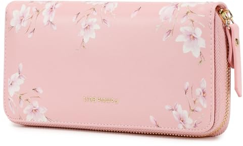 Pomelo Best Geldbörse Damen groß im Langformat Blumen Prägung Reißverschluss Portemonnaie mit RFID-Blockierung und vielen Fächern (Rosa)