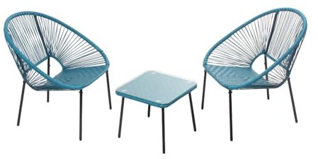 CONCEPT USINE | Salon de Jardin Design Rétro | Ensemble Bistrot 3 pièces : 2 Fauteuils Oeuf + Table Basse Acapulco Bleu | Cordes Polyéthylène Résistant | Int/Ext | Résiste à l'eau