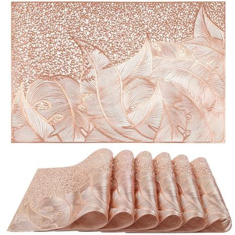 fanquare Rose Gold Placemats Leaf Placemats Set of 6 Heat Resistant PVC Place Mats Washable Non-Slip Large Rectangle Table Mats for Home Dining 45 * 30CM