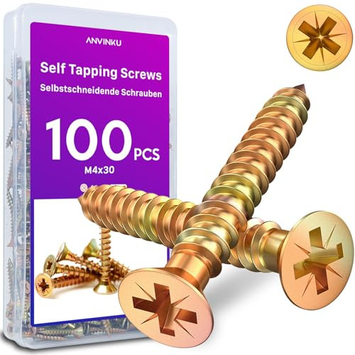 ANVINKU M4 x 30mm Wood Screws 100PCS, Countersunk Screws for Wood, Color Zinc M4 Self Tapping Screw for Furniture Repairs