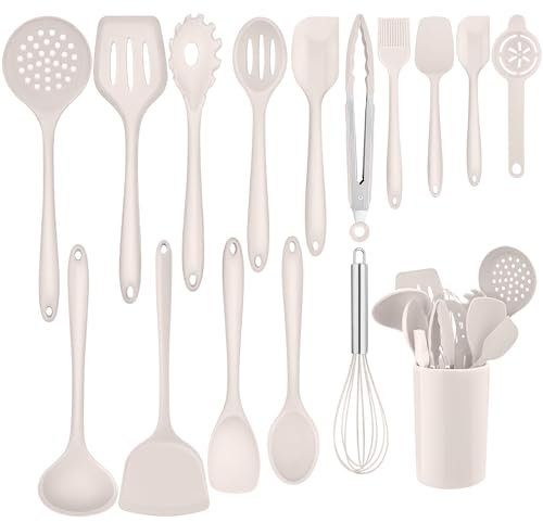 Homikit Ustensiles de cuisine en silicone, 16 pièces d'ustensiles de cuisine kaki avec porte-ustensiles, ensemble d'ustensiles de cuisine résistants à la chaleur, ustensiles de cuisine pour la cuisine