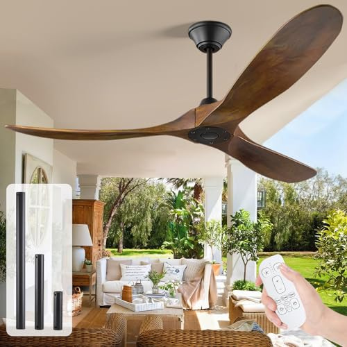MSHENUED 52 Inch Wood Outdoor Ceiling Fan for Patios without Light Damp Rated, Rustic Walnut Ceiling Fan with Remote, Reversible DC Motor Ceilling Fan for Farmhouse Gazebo Porch Home