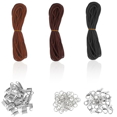 JIEYAO Lederband für Ketten, 3 Farben 10m x 2,5mm Lederschnur Lederband Faux Wildleder Schnur mit Verschluss Klassik Basteln Lederschnüre Leder Schnur Faux Faden für DIY Armband Halskette Schmuck