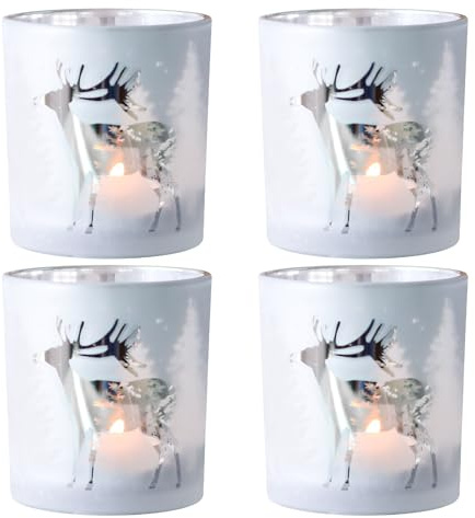 SHMILMH Christmas Votive Candle Holders Set of 4, Silver Glass Tealight Candle Holders for Xmas Table Centerpiece Decorations, Christmas Candle Jar for Making Candles Gift