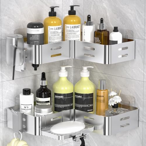 Daoun Corner Shower Caddy, Shower Shelf No Drilling, Bathroom Storage with Razor Holder for Shower and 2 Hooks, Shower Organiser(Silver)