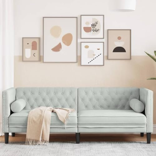 Hommdiy Chesterfield Sofa,Couch mit Armlehnen Rückenlehne Stützbeine, Polstersofa für Wohnzimmer, Couchgarnitur, Kunstleder Hellgrau,3-Sitzer