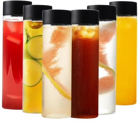 YILANJIN Juice Bottles, 6 PCS 400 ml Reusable Drink Beverage Containers with Black Lids, Clear Plastic Empty Smoothie Juice Bottles for Beverage, Drink Containers for Milkshake, Beverage, Milk