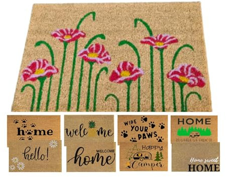 MYPURECORE Coir Door Mat (60x40cm) - Non-Slip & Absorbent, Indoor/Outdoor, Eco-Friendly - Ideal as Front Door, Entrance, Floor, Welcome Mat - Large Size, Dirt Trapper, Washable (FLOWERS)