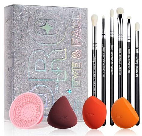 Jessup Set Éponges Maquillage 3pcs, Set Pinceaux Fard à Paupières 6pcs, Tapis Nettoyage Pinceaux et Boîte Maquillage avec Miroir – Outils Beauté Premium Application Parfaite T504