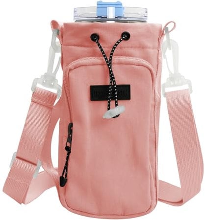 Water Bottle Carrier Bag for Stanley Cup 40oz, Water Bottle Holder with Phone Pocket & Adjustable Shoulder & Handheld Strap for Walking Hiking Camping Travelling (Pink)