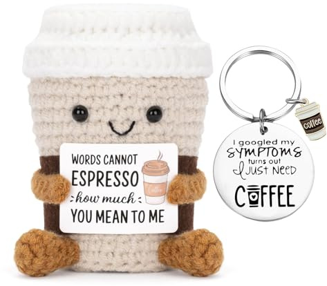 Tasse à Café au Crochet Positive, Porte Clé, Poupée en Laine à Tricoter avec Carte, Cadeau D'encouragement, Cadeau Rigolo pour Une Amie Famille Couple Femme Homme, Idee Drole Decoration Maison