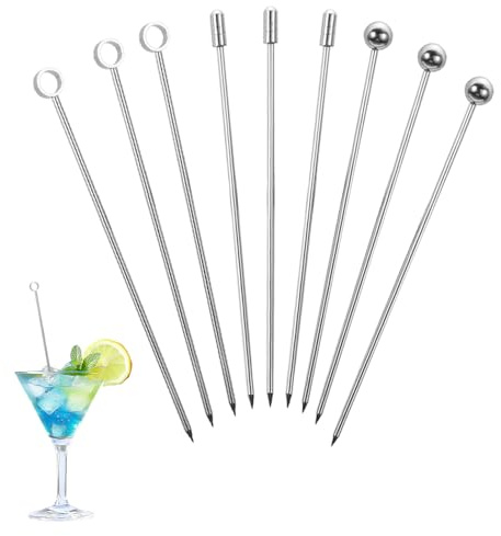 Cocktailspieße 9 Stück Spieße Fingerfood Edelstahl Cocktail Spieße Food Picks Rührstäbchen Partyspieße Cocktail Sticks Cocktail Deko für Oliven Vorspeisen Kirschen Martini Obst
