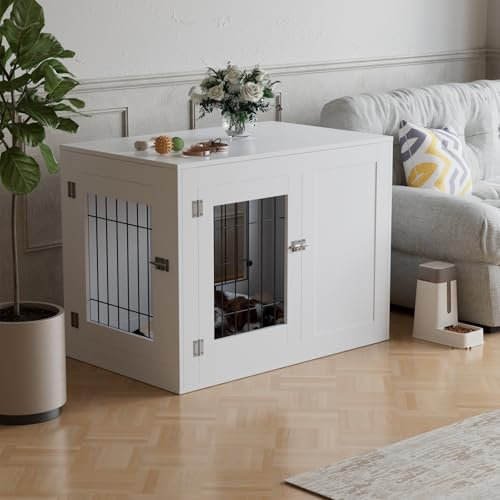 The Fellie Dog Crate Furniture, Medium Wooden Dog Cage, Indoor Pet Kennel for Small/Medium Dog, Wooden Pet Crates Heavy Duty, Pet Furniture House with Double Doors, End Side Table, 91x68x57cm, White
