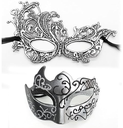 MZinge Masquerade Mask for Couple Men Venetian Mask for Halloween Lace Masque Costume Eyemask Party Prom Ball Mardi Gras (SILVER)