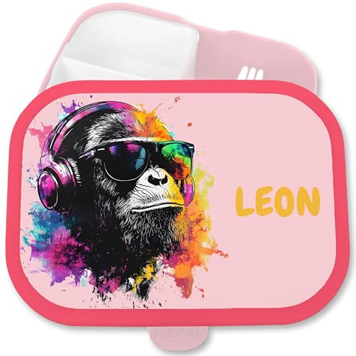 Shirtracer Mepal Brotdose Kinder personalisiert DJ Affe cool mit Name | Rosa, 750 ml, Musik, Club, Plattenspieler, Schule, Campus, spülmaschinenfest, Vesperbox, Einschulung, Snackbox, Jausenbox