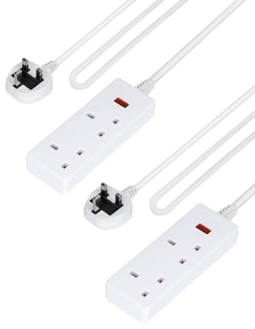 GEEPAS 2 Gang Extension Lead, 2M Cable | 2-Way Plug Extension Cable with Neon Indicator Light | Wall Mountable & Multi Socket Mains Strip for Home Bedroom Office | Heavy Duty UK Plug | White Pack of 2