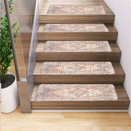 Juego de 5 Alfombrillas Antideslizantes para escaleras con Reverso de Goma, diseño clásico Retro para escaleras de Interior de Madera, Suaves para sótanos (76,2 x 20,3 cm, Estilo E)
