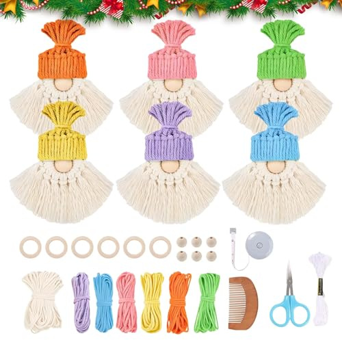 ComPDCVD 6 Stück Weihnachtsmann Weihnachtsschmuck Makramee Weihnachts Bastelset Weihnachtsbaum Makramee DIY Kit Hängende Zwerge Santa Elf Weihnachtsmann Santa Basteln für Fenstern Wänden Türen