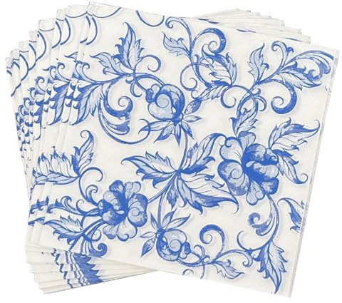 THXFUNAREA 20 Stücks Blaue servietten Blaue Blumen Papier Blau-weißes Porzellanmuster Seidenpapier Servietten Blau Weiß Blumen Kunst Servietten für Geburtstag Dusche Hochzeitsfeier