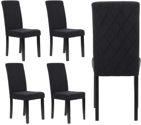 MILLIES DESIGN Set of 4 ISABELLA Luxury Velvet Dining Chairs, Luxury Velvet Chairs Diamons stiching back panel, wooden legs (BLACK VELVET)