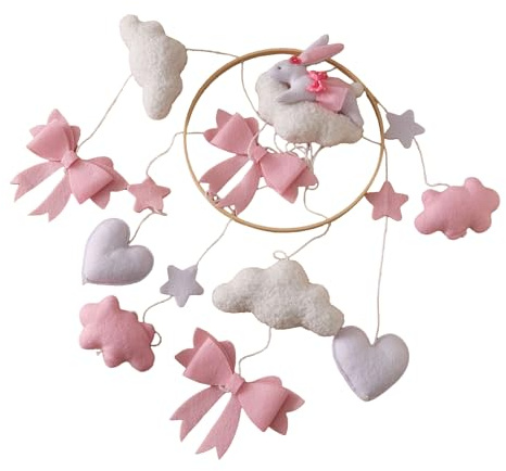 Babybett-Mobile, dekorativ, Hase, mit rosa Schleife – sensorisches Spielzeug, drehbar, beruhigend, für Mädchen, Schlafzimmer, Wohnzimmer