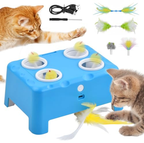 Focenat 2-in-1 Automatisches Katzenspielzeug, Interaktives Katzenspielzeug, Wiederaufladbares Katzenmaus-Spielzeug, 4-Loch-Mäuse-Schlag-eine-Maulwurf mit bewegender Feder, Spielzeug für Katzen (Blau)