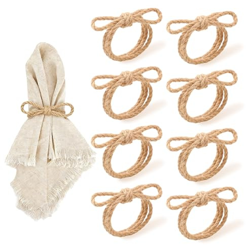 YTAXYZWR 8er Set Rustikale Serviettenringe im Landhausstil, Boho Jute Serviettenhalter mit Schleife für Tischdekoration Alltag Hochzeit Feste