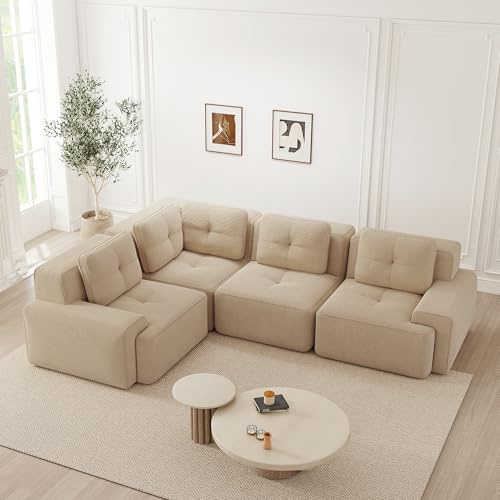 Luscriate Divano ad angolo Cloud a 4 posti senza montaggio, imbottitura 32D altamente elastica, seduta extra profonda, braccioli larghi, divano a 4 posti (beige, divano angolare 4 posti)