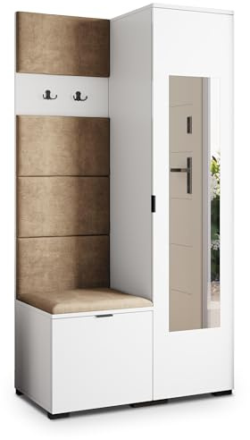 Masseno Flugarderoben Set VIRA, Kleiderschrank-Set mit Spiegel und Sitzbank, Garderobenschrank Flur mit 3 Regalböden, Weiß
