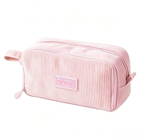ZIJANG Trousse Scolaire Velours Côtelé, 3 Compartiments Rose | Grande Trousse en Tissu Côtelé, Rangement Fournitures école et Bureau, Format Mixte Au Quotidien
