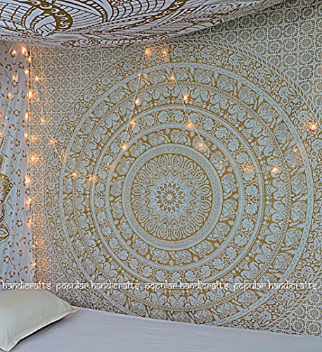 Popular Handicrafts Wandteppich, Motiv: indisches Mandala, Hippie-Wandbehang, Bohemian-Tagesdecke mit metallischem Glanz, 215 x 230 cm