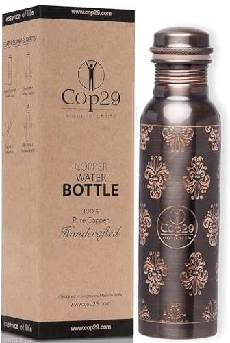 Cop29 Mira antike Wasserflasche, handgraviert, Premium-Design, reines Kupfer, fugenfrei und auslaufsicher, 900 ml