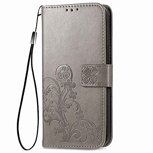 WEIOU Leather Folio Cover per Xiaomi Mi 11 Lite (5G/4G) / 11 Lite 5G NE, Trifoglio Fortunato Custodia in Pelle PU Magnetica Libro Flip Portafoglio Case con [Funzione Stand]. Grigio