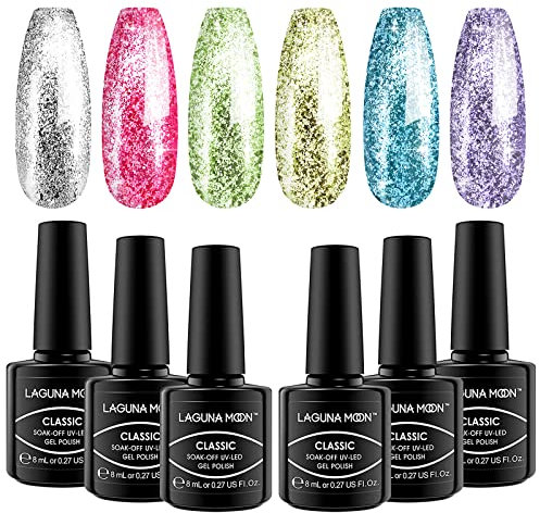 LagunaMoon Gel Nail Polish Set - 6 Colours Red Glitter Pink Silver White Brown Pigmented High-Shine Kit Gel Polish Salon Quality DIY Nails - UV LED Soak Off Lacquer Kit Varnish Manicure & Pedicure