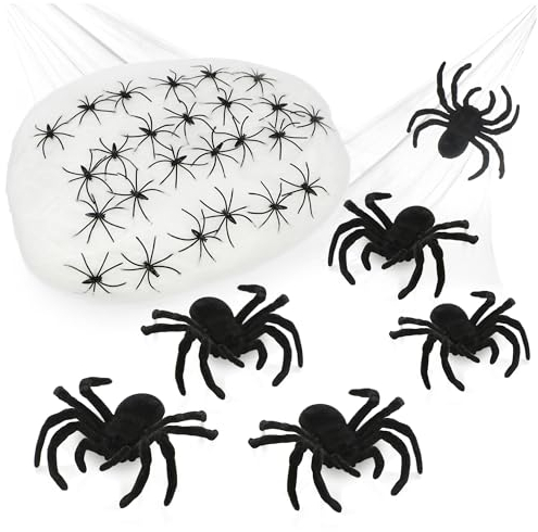 com-four® 32-teiliges Deko-Set für Halloween - 500g dehnbares Spinnennetz mit 31 Deko-Spinnen in 2 Größen - künstliches weißes Spinnengewebe für Halloween, Fasching, Grusel- und Mottoparty