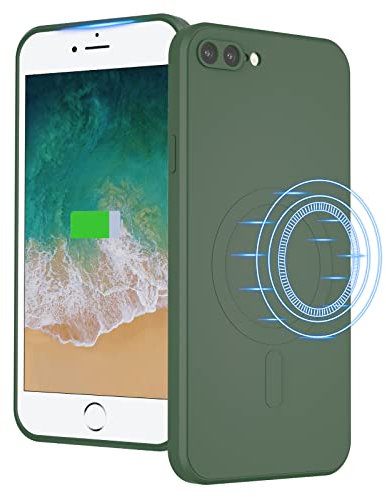 UEEBAI Liquid Silicone Wireless Charging Phone Case For iPhone 8 Plus, Built-in Magnets Compatible with MagSafe Faster Charging Slim Fit Soft Microfiber Cover - Dark Green