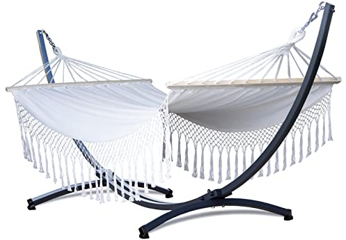 Potenza Outdoor Hängematte mit Gestell für 2 Personen I Stabhängematte XXL 220x160, 200kg I Hängemattengestell 220kg Wetterfest (Santia-Ecru, Basic Gestell Graphit)