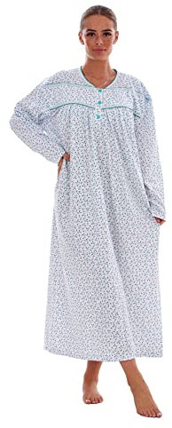 Thermal Cotton Long Nightdress Floral Button V-Neck Soft Brushed Nightwear Green, 3XL