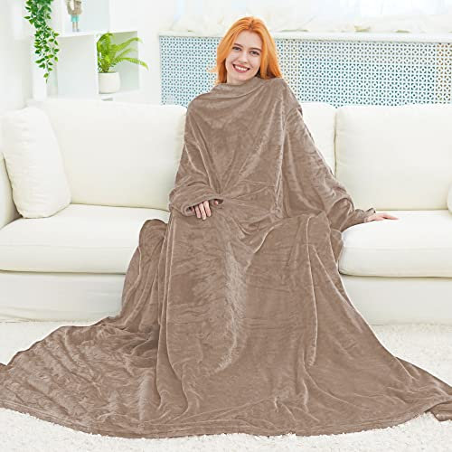 FARFALLAROSSA Coperta con Maniche, Coperta Plaid Pile 170x200, Coperta Indossabile Flanella Divano Donna/Uomo, Leggera e Calda, Beige