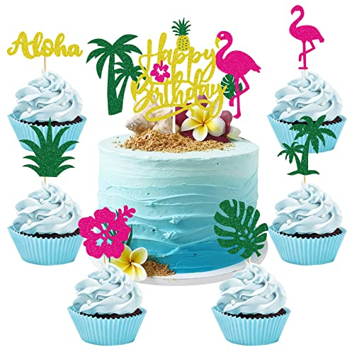 25 Flamingo Tortendeko Geburtstag Happy Birthday Cake Toppers Kuchen Deko Hawaii Deko Aloha Cupcake Kuchen Tortenaufleger für Mädchen Jungen Kinder Sommer Party Dekoration